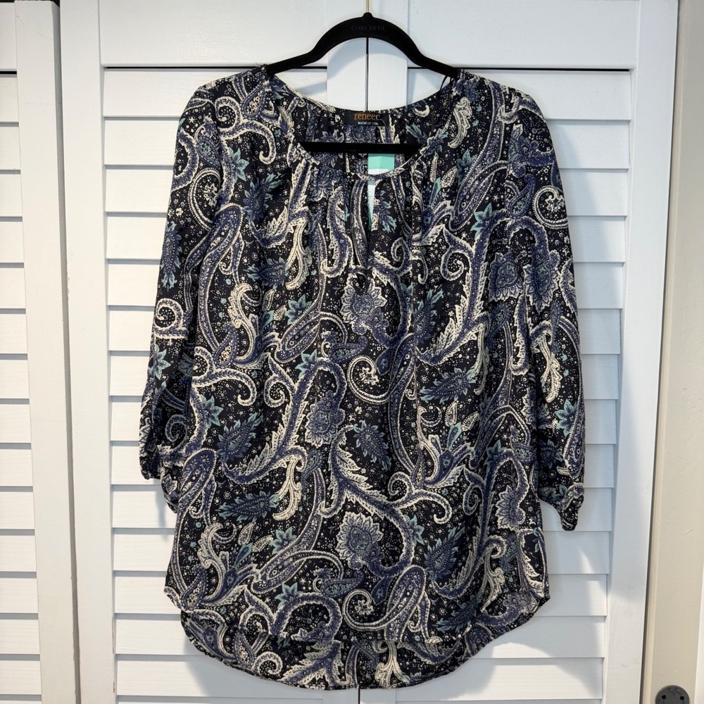 Renee C Krueger Keyhole Blouse Navy Paisley 3/4 Sleeve XL Made in USA Boho New